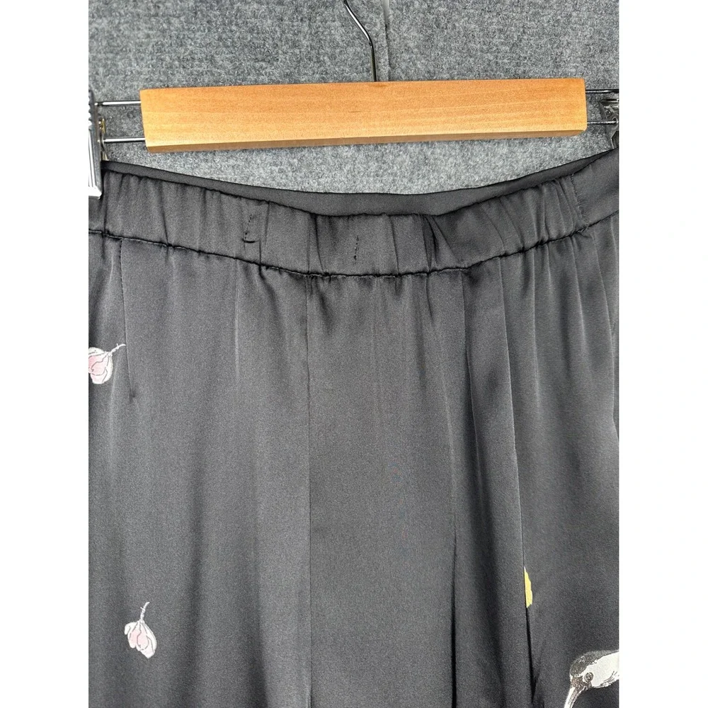 Zara Floral Crane Print Wide Leg Pants Womens Small Black Satin Cropped Pleated - Picture 12 of 14
